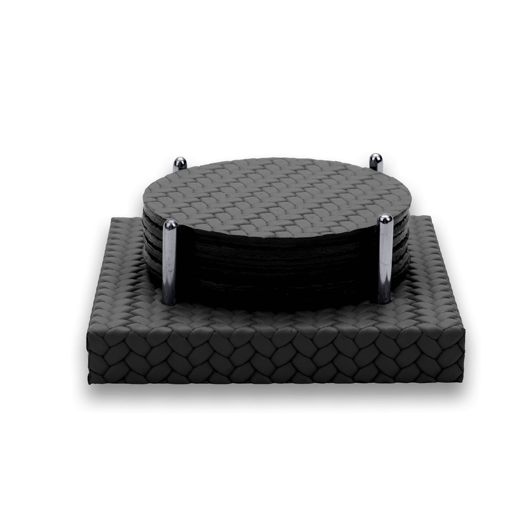 Six round black leather coasters stacked between four polished steel posts on a square woven-leather base