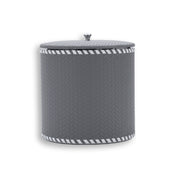 Grey bucket seen level, the woven emboss running in tight diagonal rows up the 13 cm wall