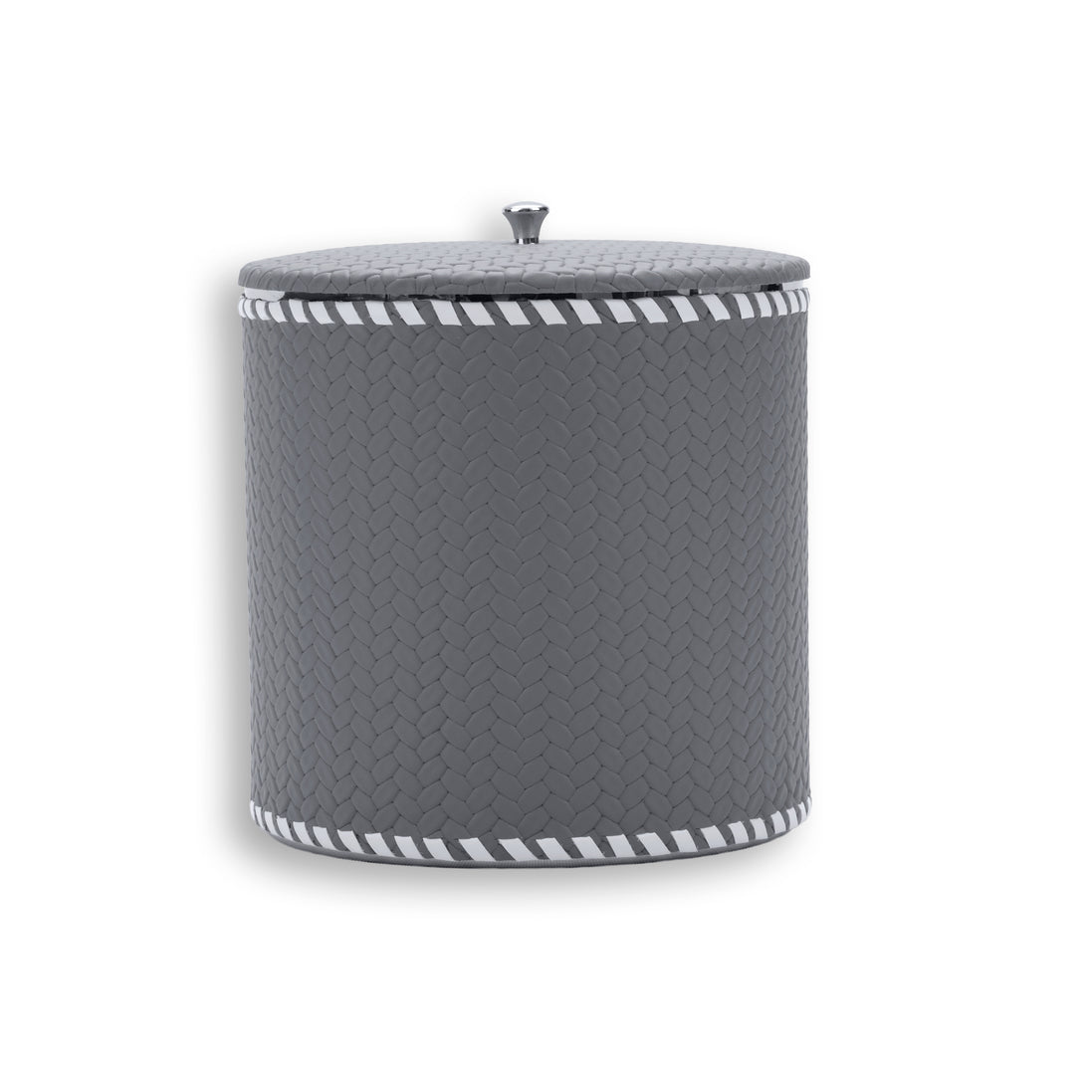 Grey bucket seen level, the woven emboss running in tight diagonal rows up the 13 cm wall