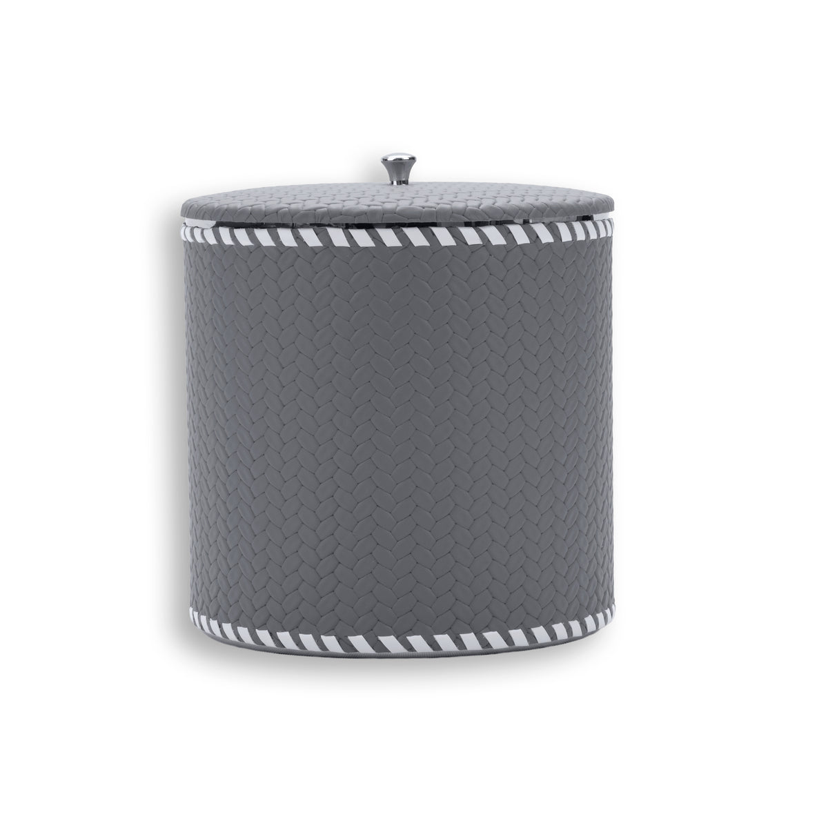 Grey bucket seen level, the woven emboss running in tight diagonal rows up the 13 cm wall