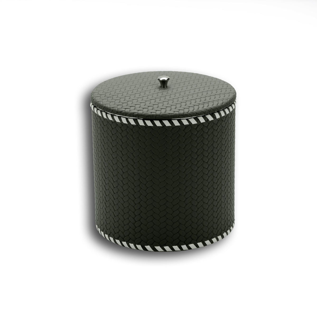 Dark olive khaki 14 cm ice bucket, lid closed with its steel knob above the laced rim