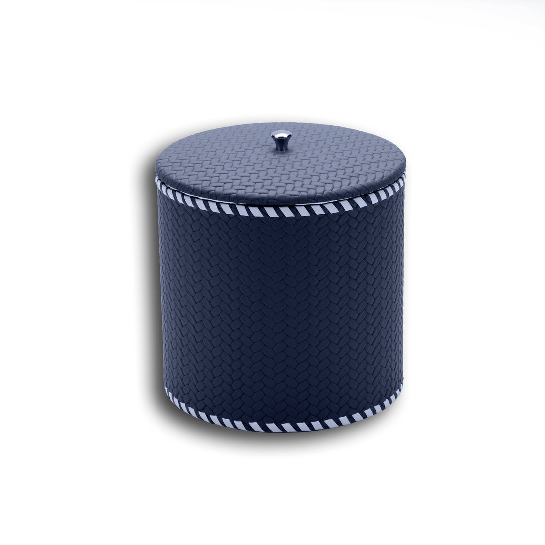 Navy leather cylinder, pale whipstitching running the full circumference of the 14 cm lid