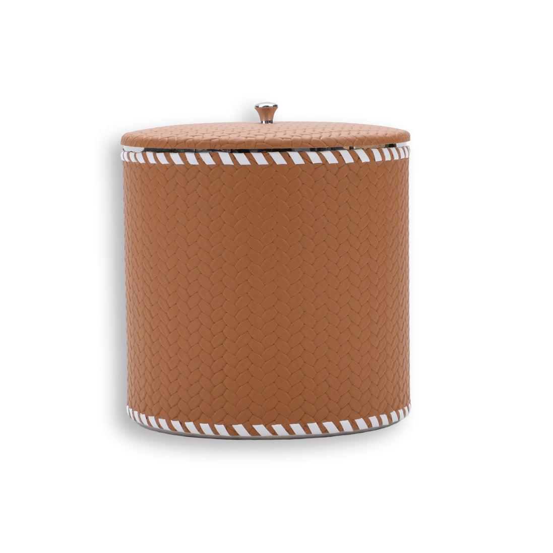 Warm tan ice bucket, the 14 cm lid seated flat with a small steel knob at its centre