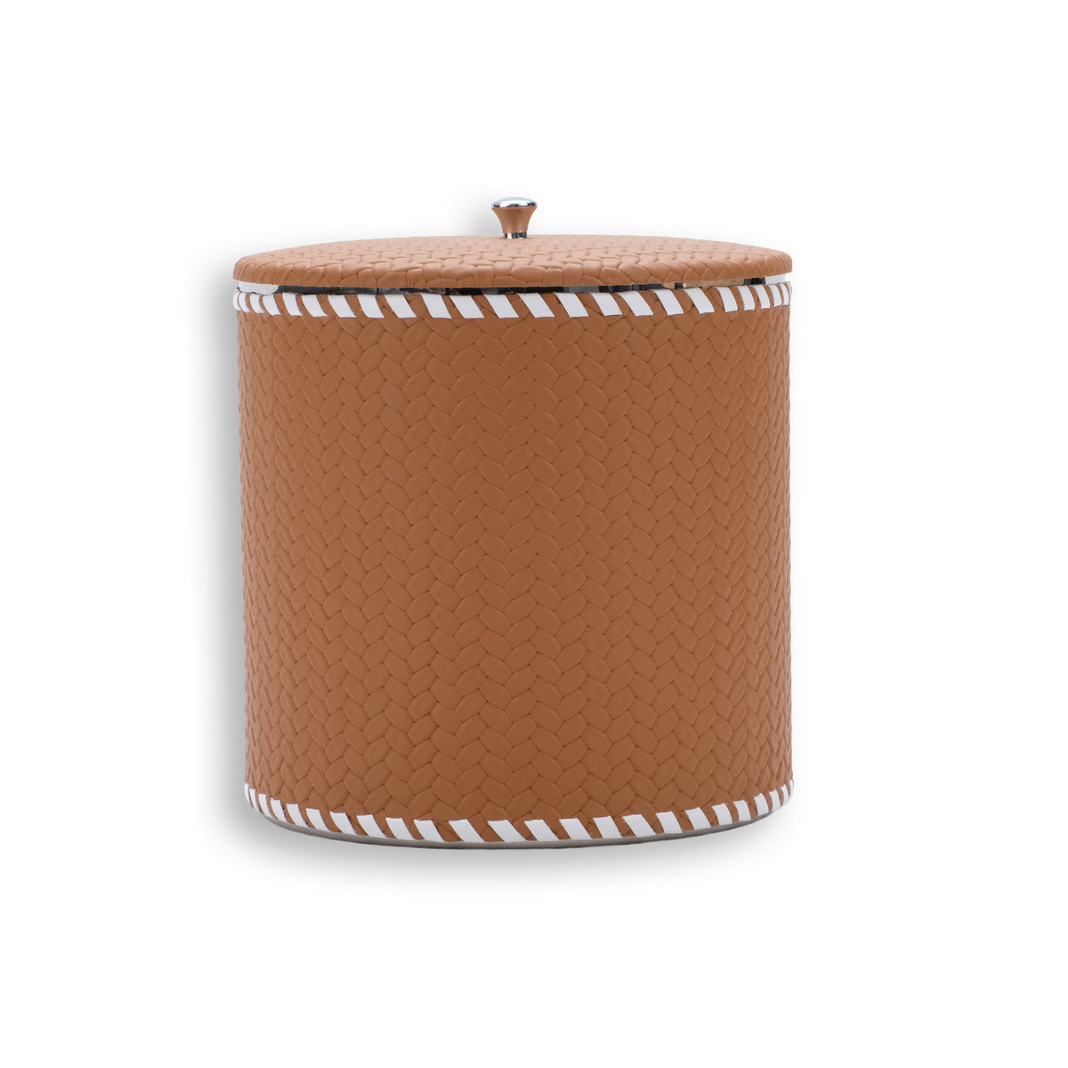Warm tan ice bucket, the 14 cm lid seated flat with a small steel knob at its centre