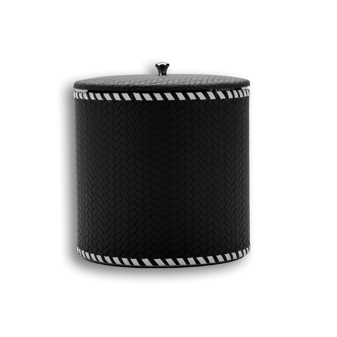 Black woven leather ice bucket, 13 cm tall, pale whipstitch edging framing the lid and the base