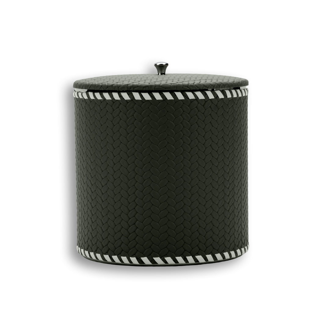 The 14 x 14 x 13 cm ice bucket closed, whipstitched leather edging top and bottom, steel lid knob