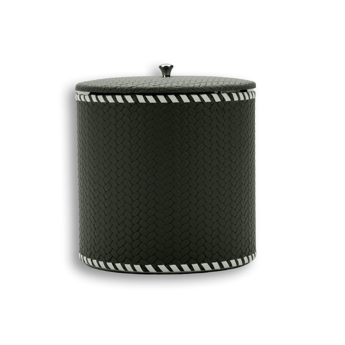 The 14 x 14 x 13 cm ice bucket closed, whipstitched leather edging top and bottom, steel lid knob