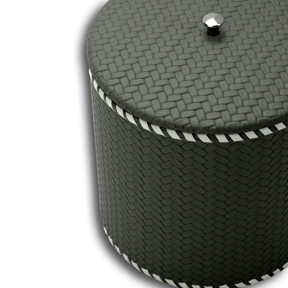 Grey woven leather ice bucket lid, contrast whipstitch running the rim below a polished steel knob