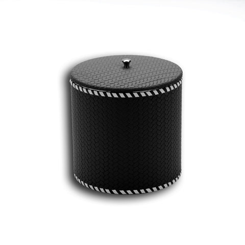 Black 17 cm lidded ice bucket, a small steel knob at the centre of the woven leather lid