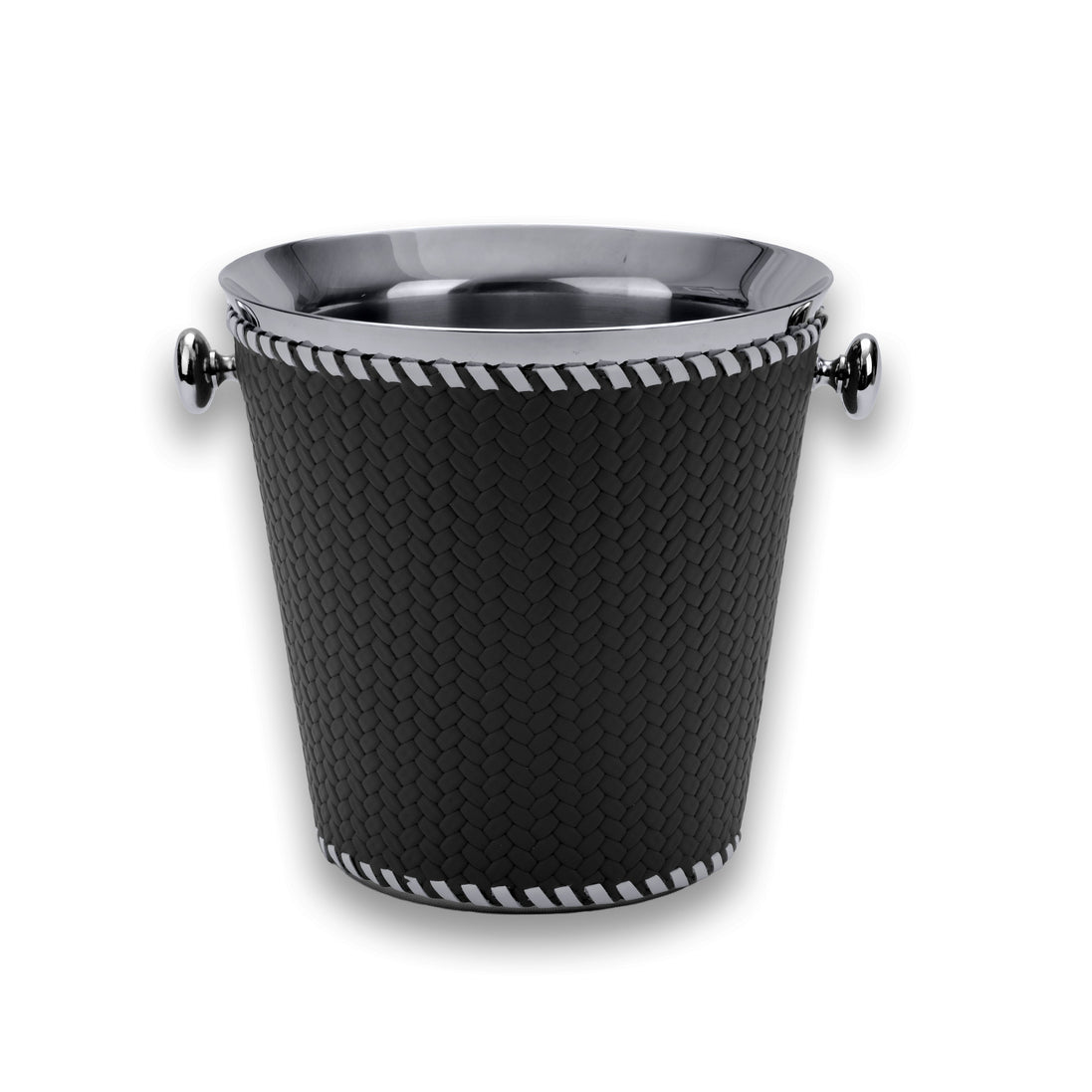 Black woven-embossed leather sleeve on the 19.5 cm champagne bucket, contrast lacing running the top and bottom edges