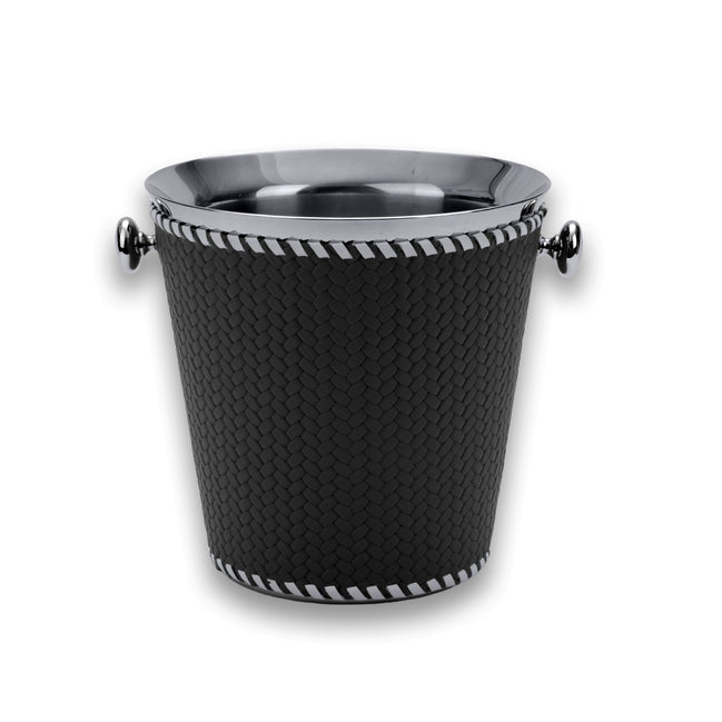 Black woven-embossed leather sleeve on the 19.5 cm champagne bucket, contrast lacing running the top and bottom edges