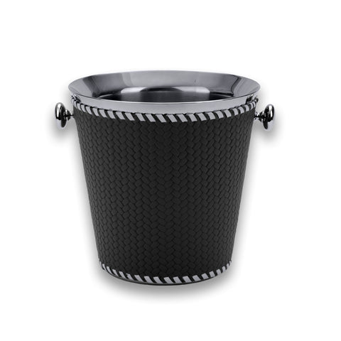 Black woven-embossed leather sleeve on the 19.5 cm champagne bucket, contrast lacing running the top and bottom edges