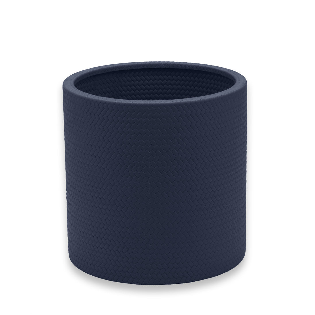Navy cooler seen level, the rim rolled over and the weave continuing down into the 20 cm well