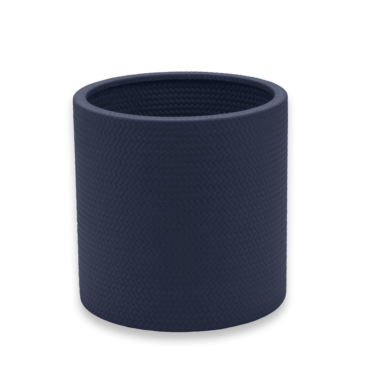 Navy cooler seen level, the rim rolled over and the weave continuing down into the 20 cm well
