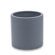 Blue-grey cooler, the same fine leather emboss carried across the rim onto the inner wall