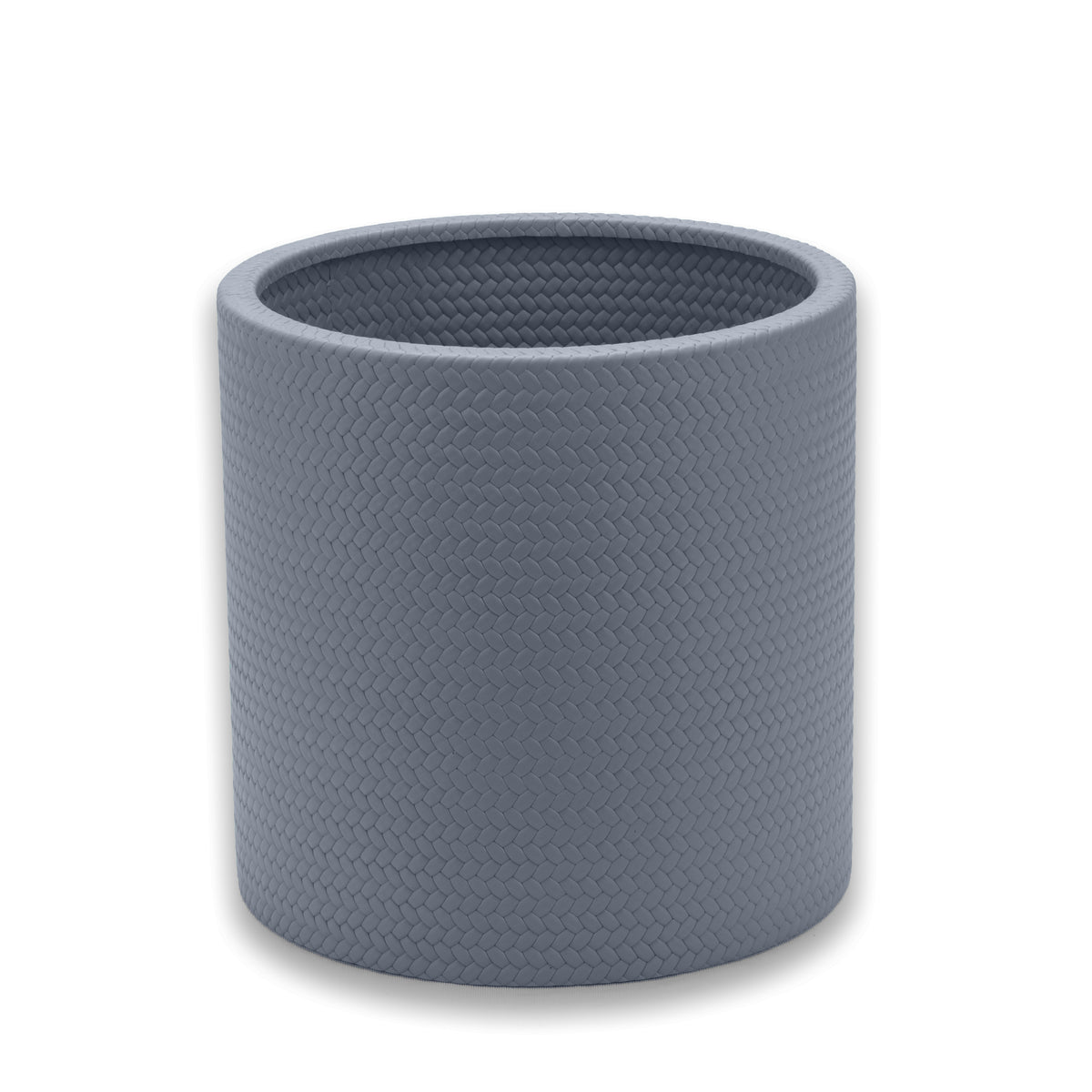 Blue-grey cooler, the same fine leather emboss carried across the rim onto the inner wall