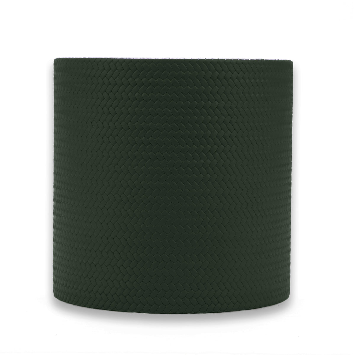 The 12 cm wine cooler side on in deep green Khaki leather, the woven grain wrapping the full 20 cm height