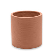 Warm terracotta tan cooler, its 12 cm mouth open and lined in the same embossed leather