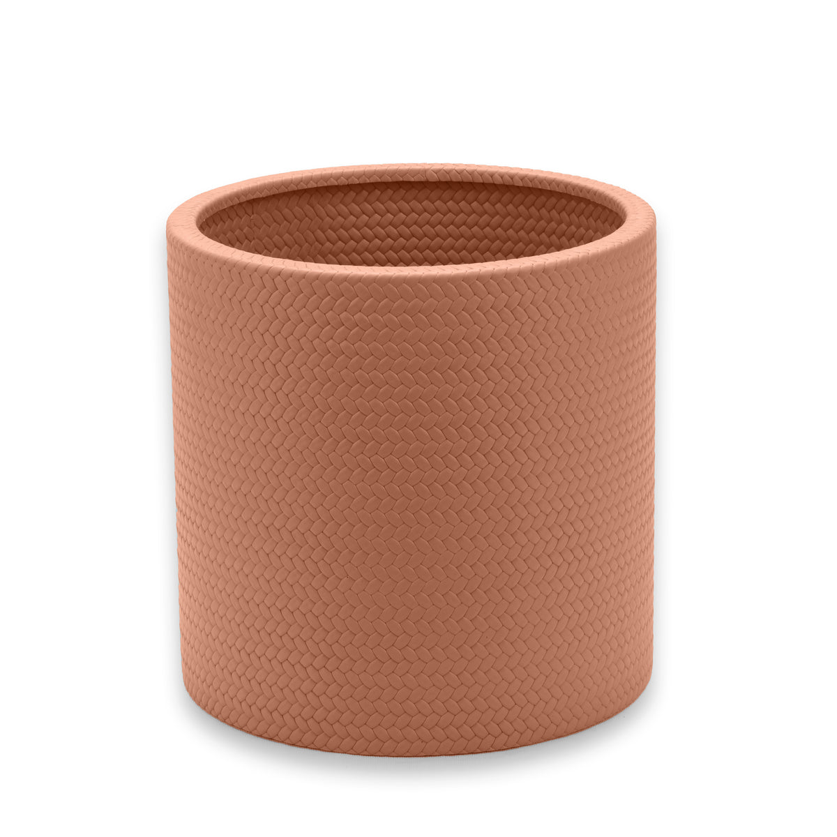Warm terracotta tan cooler, its 12 cm mouth open and lined in the same embossed leather