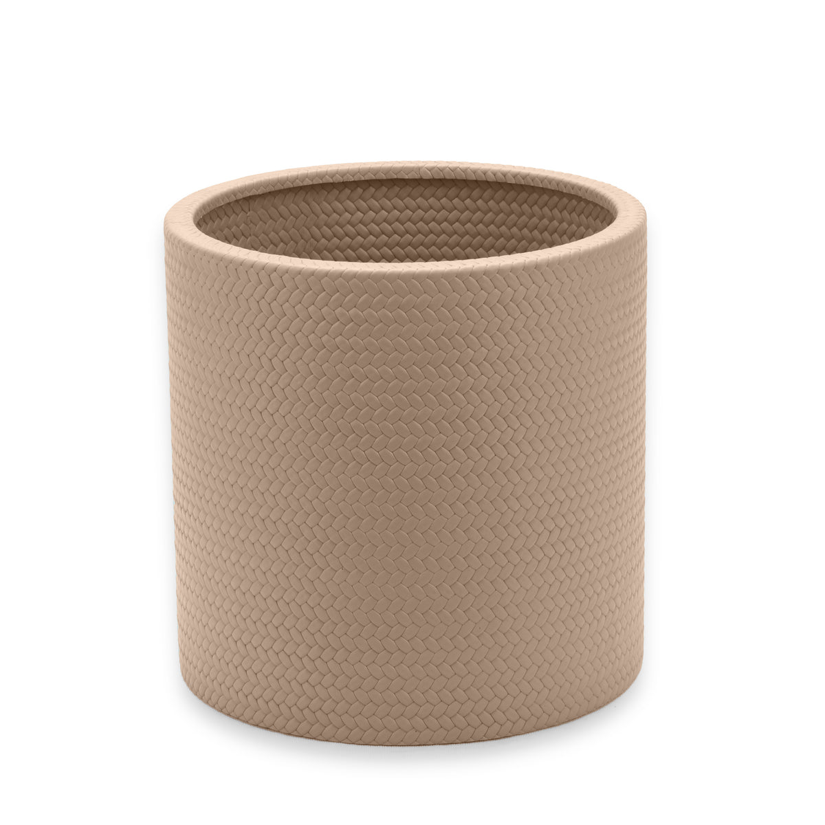 Pale sand beige cooler, 20 cm tall, the woven emboss reading finest against the light