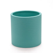 Turquoise wine cooler, a single bottle deep at 20 cm, the leather weave running to the rolled rim