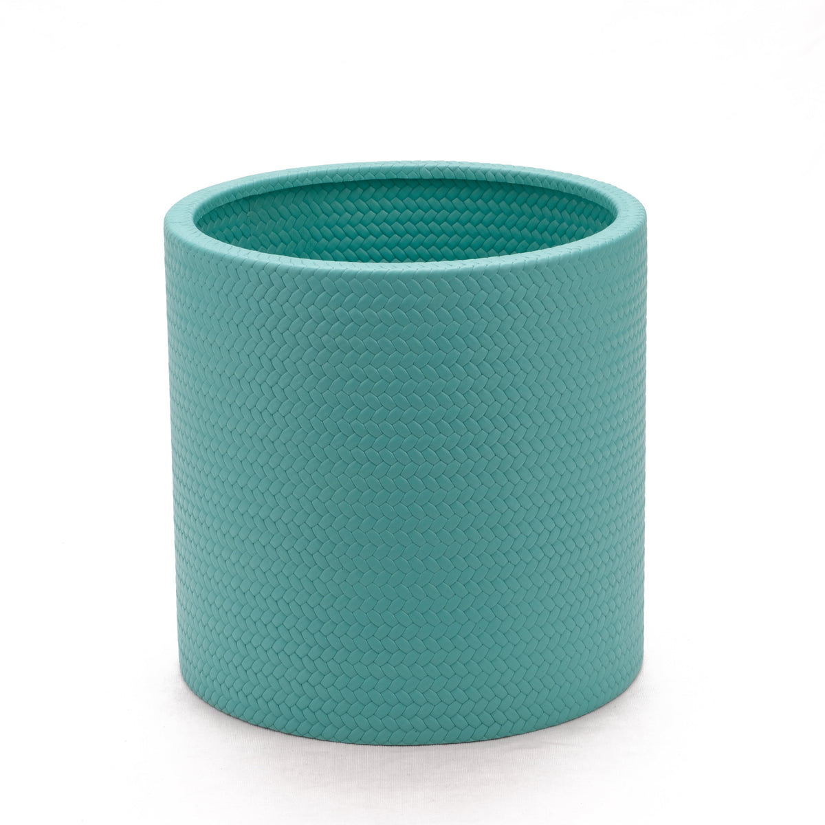 Turquoise wine cooler, a single bottle deep at 20 cm, the leather weave running to the rolled rim