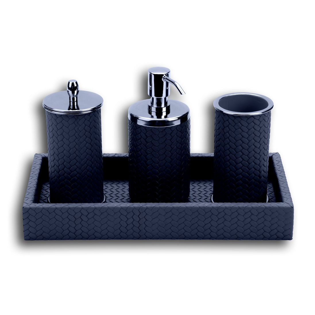 Navy set on its 30 × 15 cm tray, the brush holder open at the right with a pale inner lining
