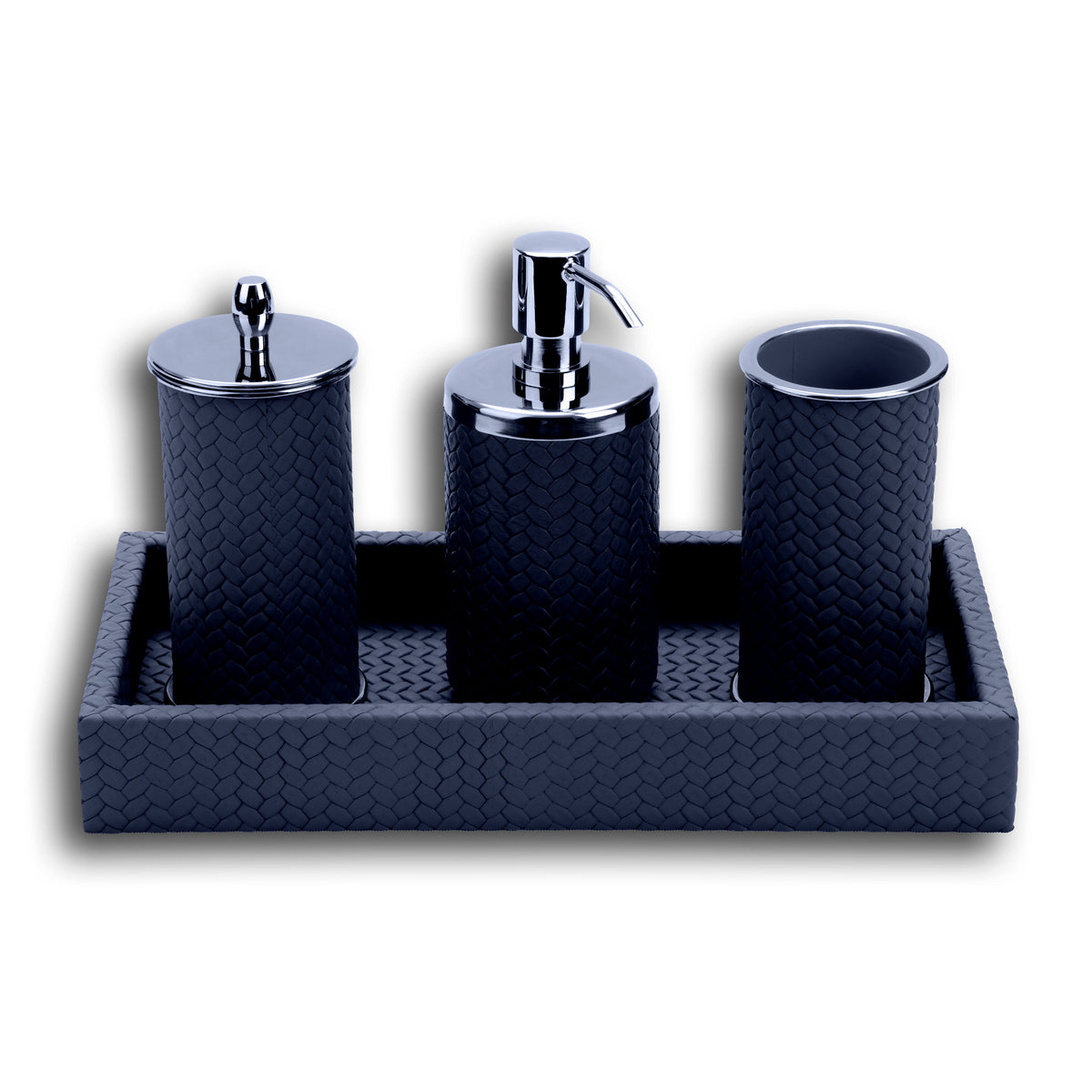 Navy set on its 30 × 15 cm tray, the brush holder open at the right with a pale inner lining