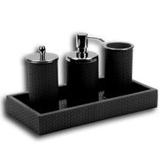 Black woven leather bathroom set, three vessels seated inside the 3.5 cm walls of the matching tray
