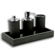 All four pieces on the 30 x 15 cm woven leather tray, jar, chrome soap pump and tumbler in a row
