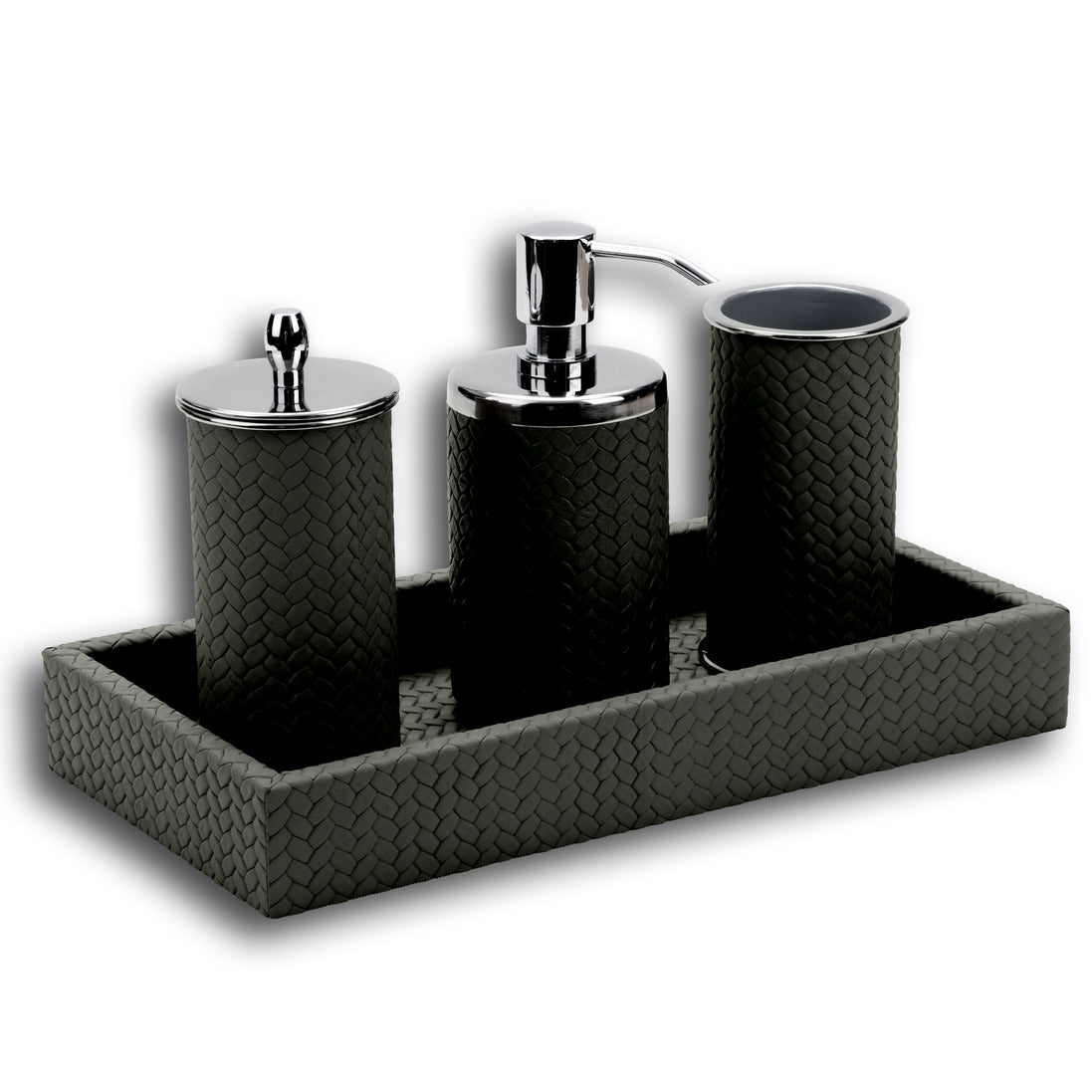 All four pieces on the 30 x 15 cm woven leather tray, jar, chrome soap pump and tumbler in a row