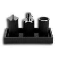 Black set, the steel pump and lidded canister top catching light above the woven leather bodies