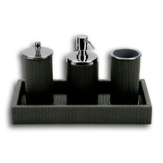 Dark olive khaki bathroom set, all four pieces standing in the 30 × 15 cm leather tray