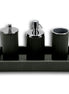 Dark olive khaki bathroom set, all four pieces standing in the 30 × 15 cm leather tray