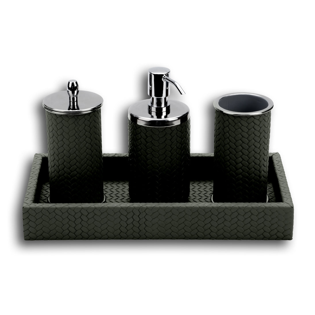Dark olive khaki bathroom set, all four pieces standing in the 30 × 15 cm leather tray