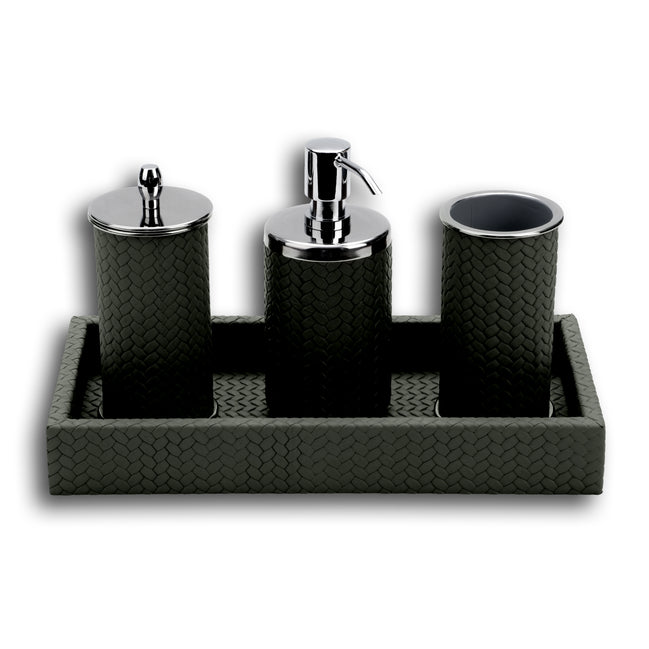 Dark olive khaki bathroom set, all four pieces standing in the 30 × 15 cm leather tray