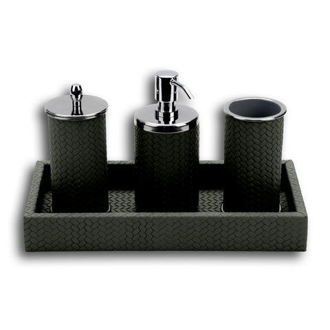 Dark olive khaki bathroom set, all four pieces standing in the 30 × 15 cm leather tray