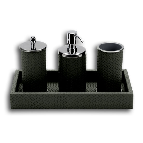 Dark olive khaki bathroom set, all four pieces standing in the 30 × 15 cm leather tray