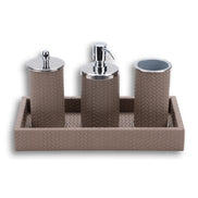 Grey-brown mink pieces, the soap pump's chromed spout angled over the 30 cm tray