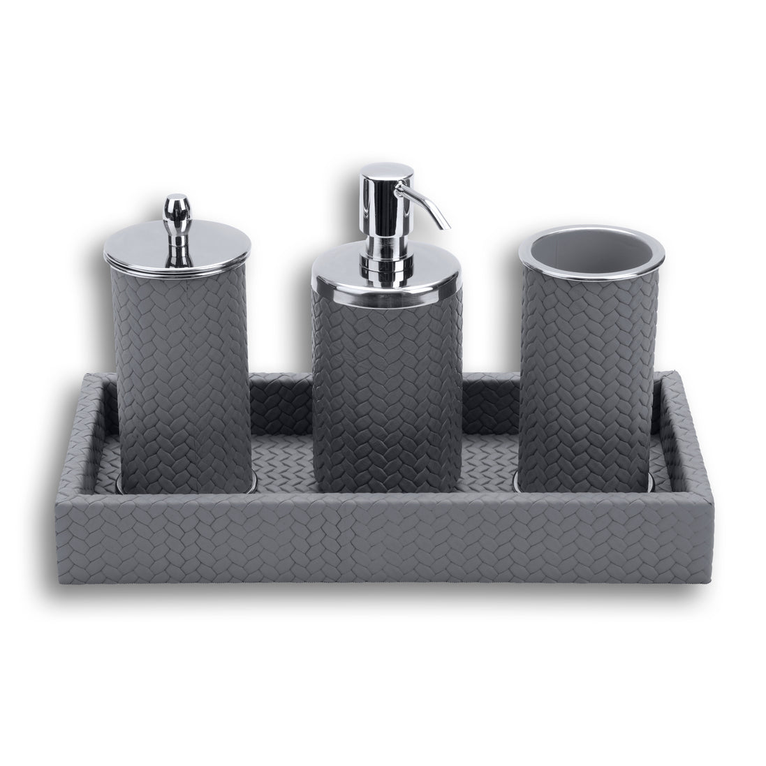 Grey set, the tray's 3.5 cm wall rising just clear of the three cylinders standing in it