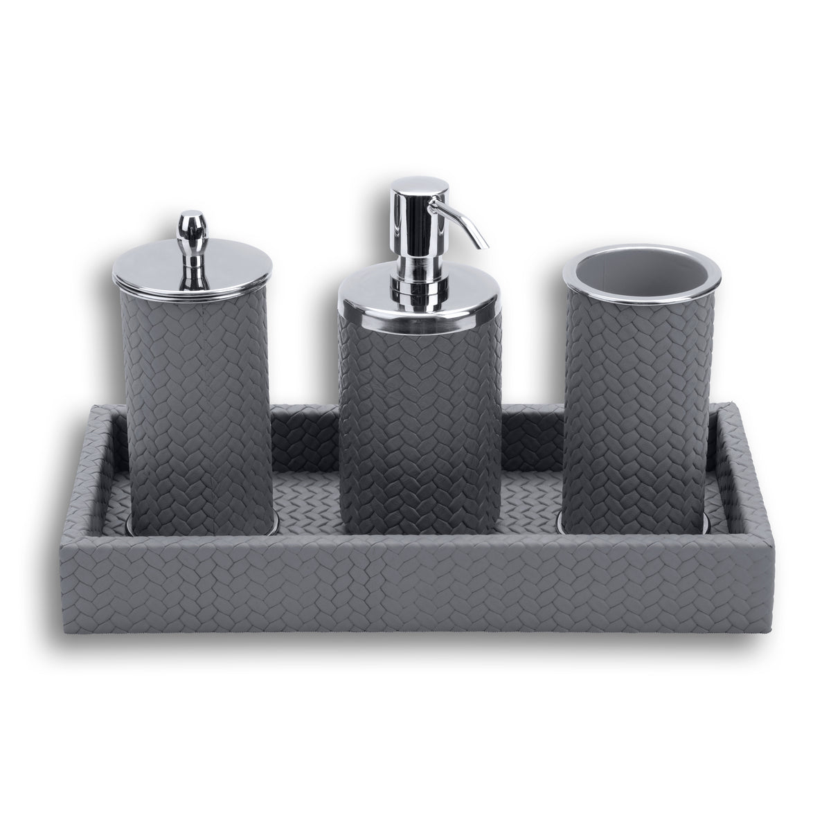 Grey set, the tray's 3.5 cm wall rising just clear of the three cylinders standing in it