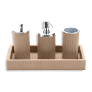 Pale beige set, the lidded cotton holder's steel cap raised above the 15 cm tray width