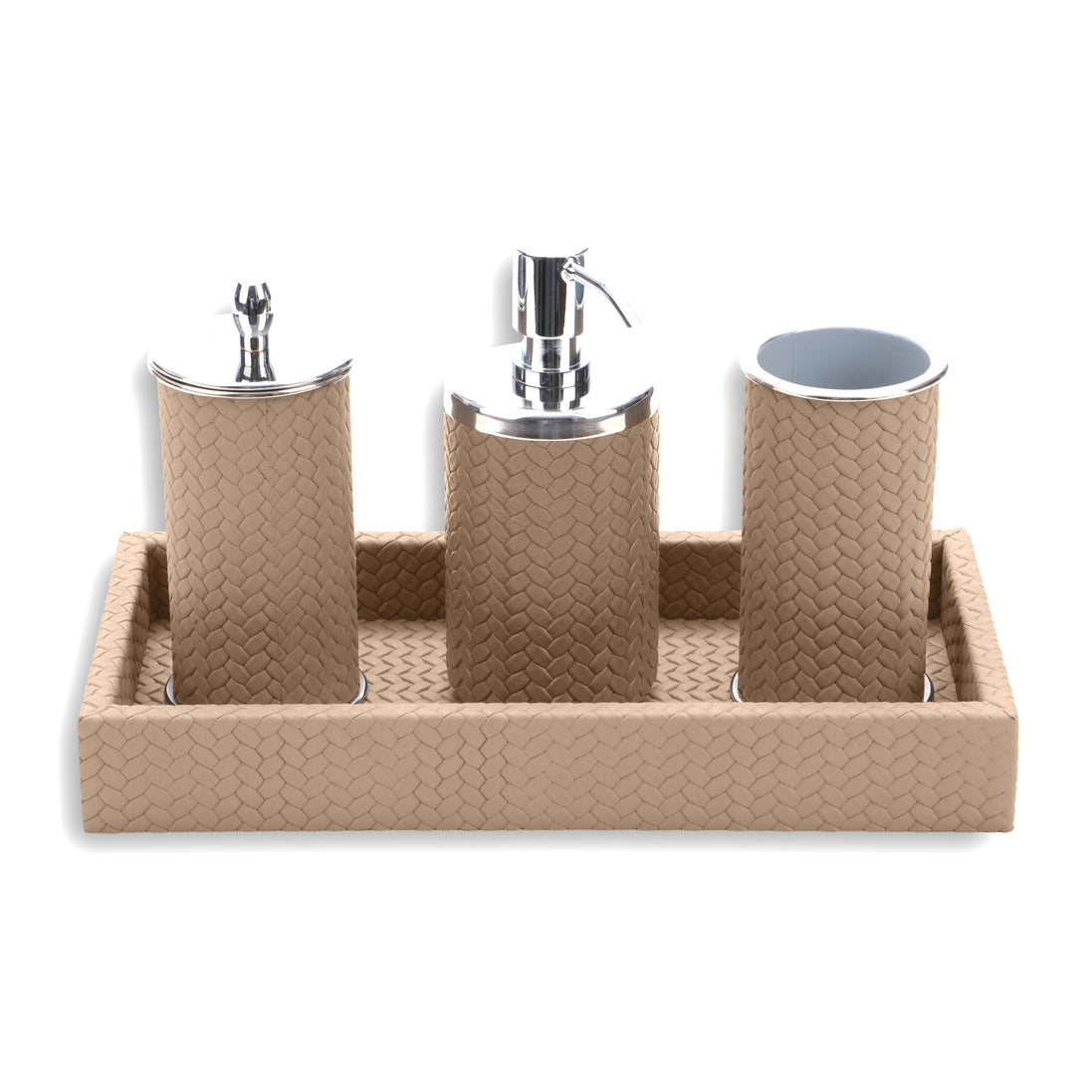 Pale beige set, the lidded cotton holder's steel cap raised above the 15 cm tray width