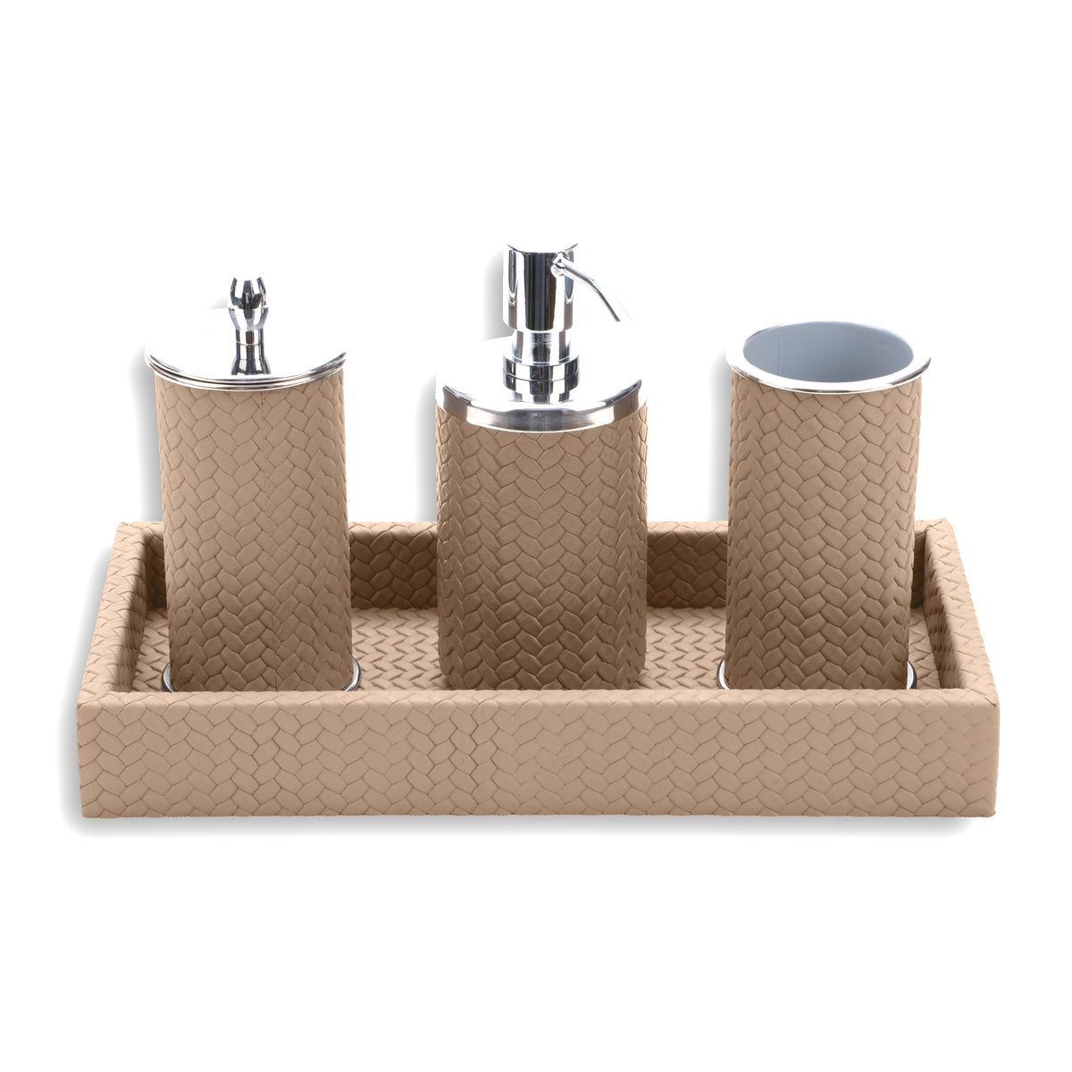 Pale beige set, the lidded cotton holder's steel cap raised above the 15 cm tray width