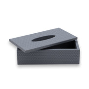 Grey cover with the lid drawn back, the open 25 cm box shadowed inside