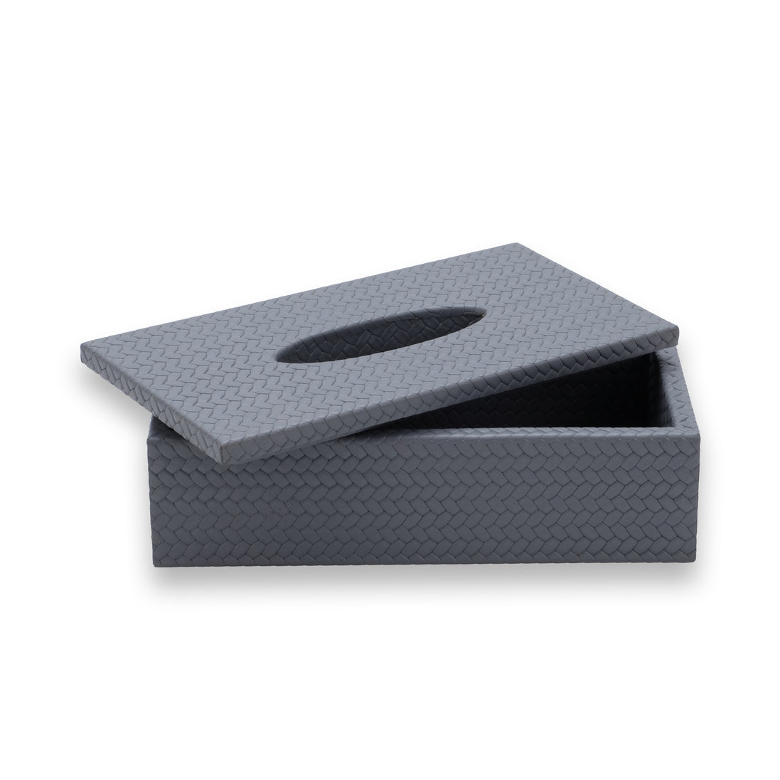 Grey cover with the lid drawn back, the open 25 cm box shadowed inside