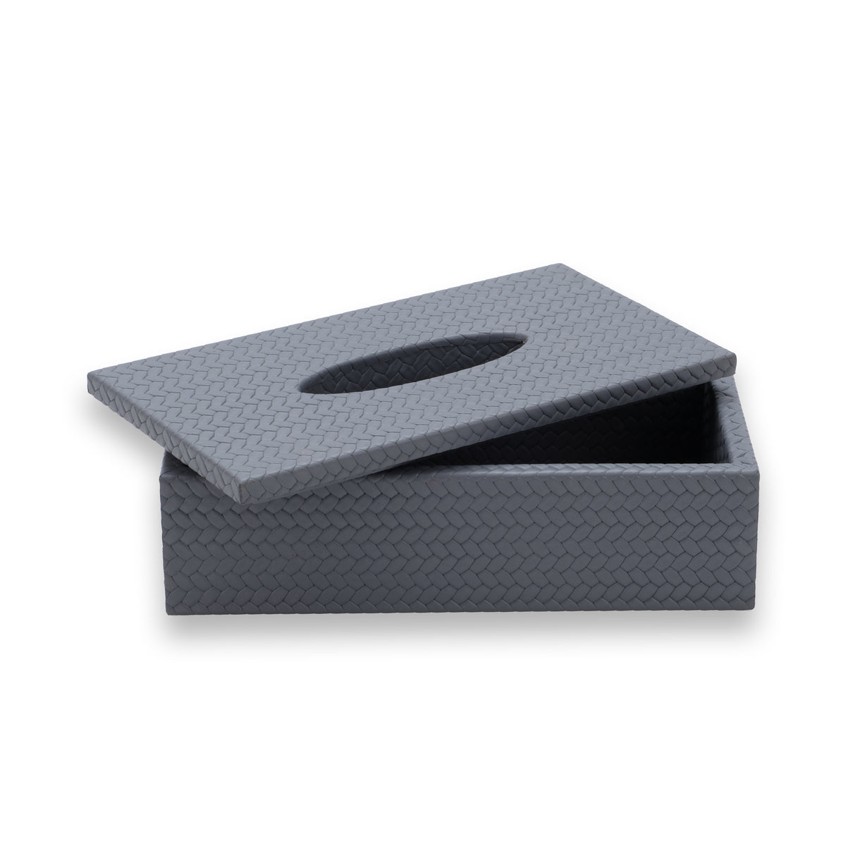 Grey cover with the lid drawn back, the open 25 cm box shadowed inside