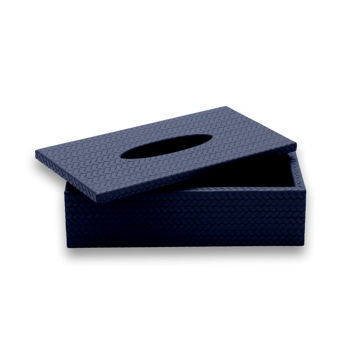 Navy leather tissue cover, its lid askew above the box, the weave running the same way on both