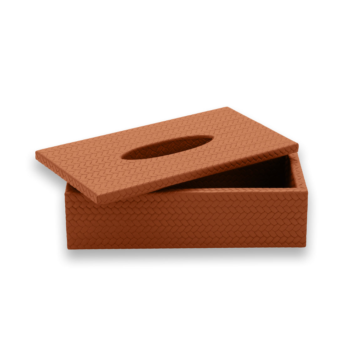 Terracotta tan cover, the lid tilted across the corner of the 25 cm box