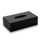 Black woven leather tissue cover, 25 x 14 cm, oval dispensing slot set into the lifting lid